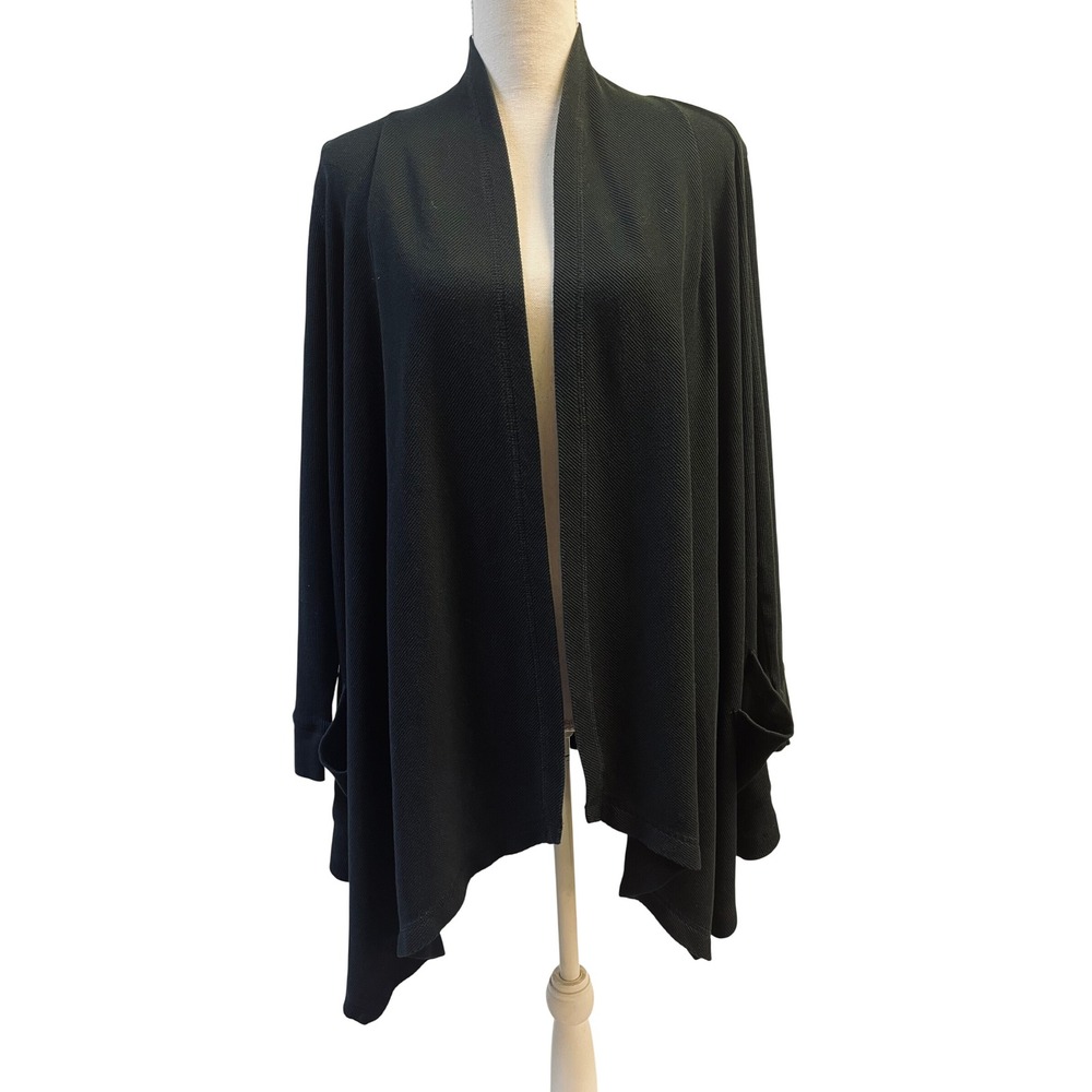 Lauren Ralph Lauren 1X Black Draped Cardigan Waffle Knit Layering Minimalist